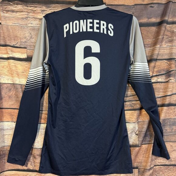 Wayland Baptist University Pioneers #6 Jersey Small LS Navy Gray White Stripes - Picture 1 of 9